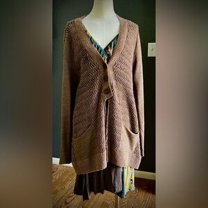 FREE PEOPLE - Brown Textured Knit Cardigan w/ shimmer/shiny woven thread, copper